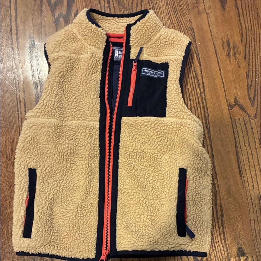 Vineyard Vines Kids Tan Fleece Vest with Navy and Red Accents